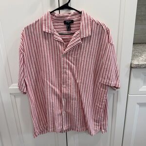 Forever 21 short sleeve striped button up shirt in pink and white